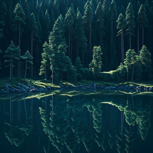 A painting of a lake with trees on the water and the words forest on the bottom