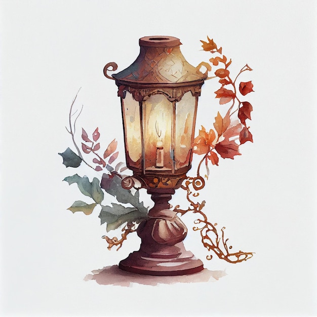 잎이 무성한 테두리에 "단어"라고 적힌 램프 그림. "