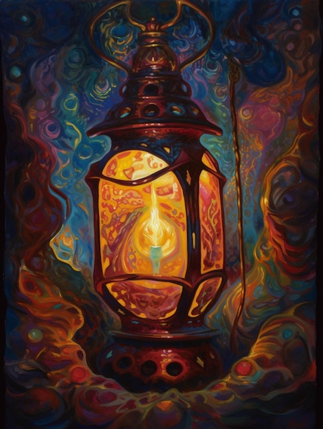 A painting of a lamp with the word light on it