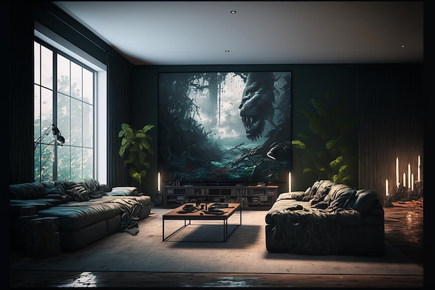 a painting of a landscape in a room with a couch and a couch.