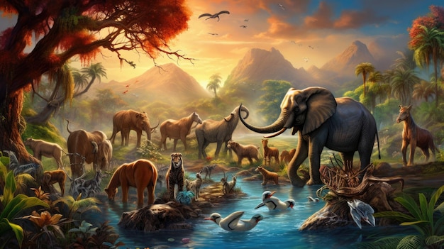 a painting of a landscape with animals and animals in the background.