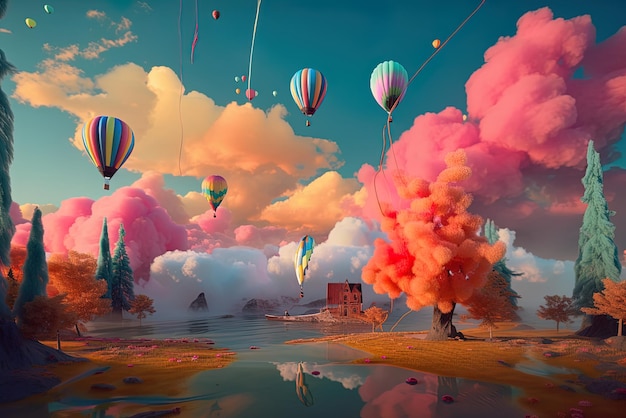 A painting of a landscape with balloons and smoke