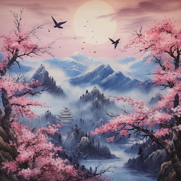 A painting of a landscape with birds flying above it