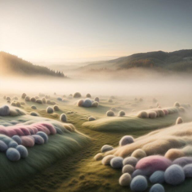 Foto un dipinto di un paesaggio con nebbia e alberi sullo sfondo.