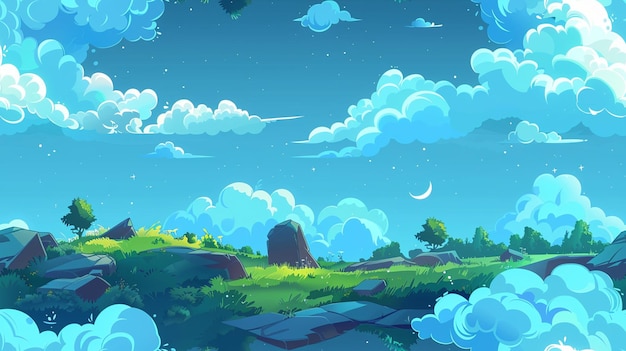 緑の畑と雲の青い空の風景の絵画