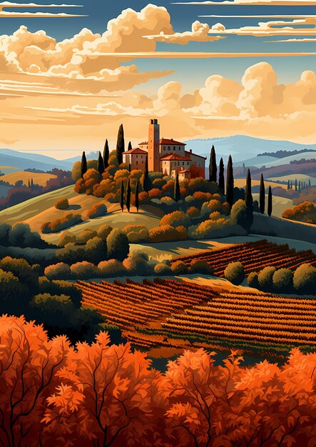 Foto un dipinto di un paesaggio con una casa sulla collina.