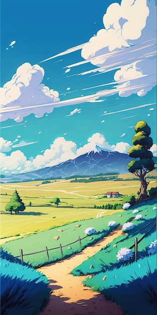 A painting of a landscape with a mountain in the background.