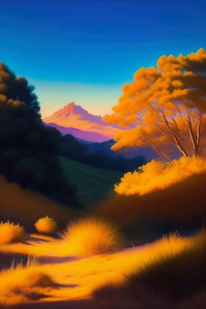 A painting of a landscape with a mountain in the background.