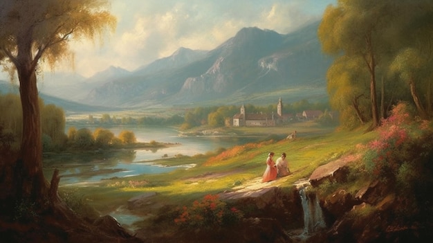 A painting of a landscape with a mountain in the background.