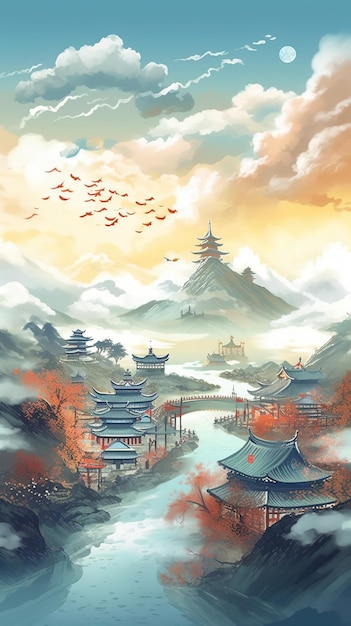 A painting of a landscape with a mountain and a temple in the background.