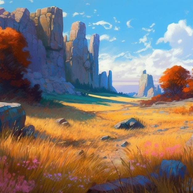 Painting of a landscape with a mountain and a valley in the background generative ai