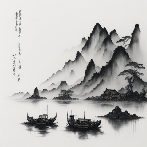 A painting of a landscape with mountains and boats on it.