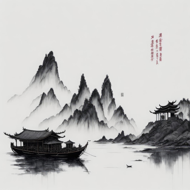 A painting of a landscape with mountains and boats on it