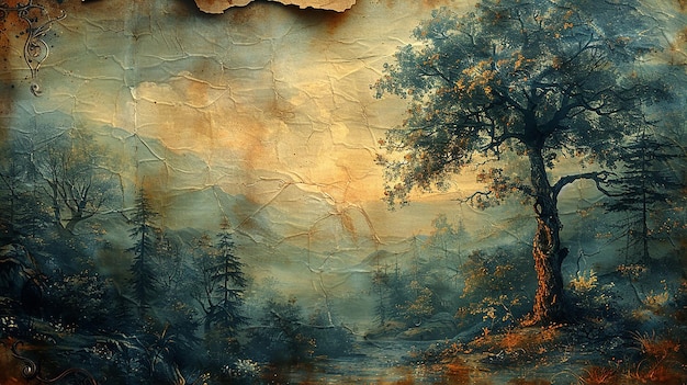 Photo a painting of a landscape with mountains and a river