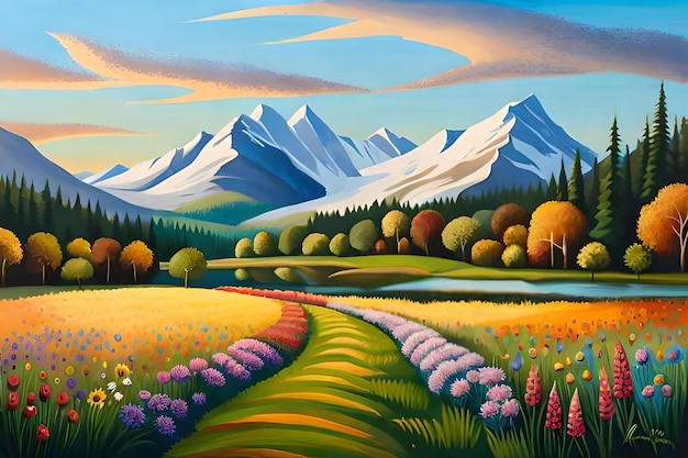 A painting of a landscape with mountains and a river.