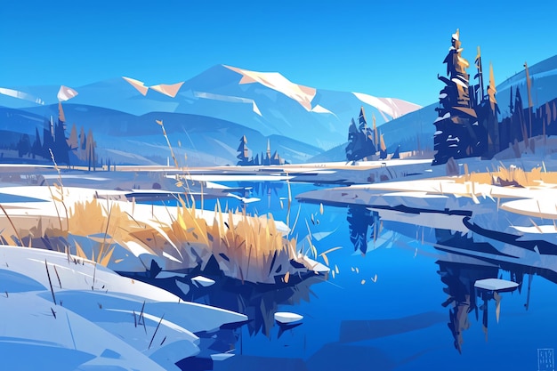 a painting of a landscape with mountains and treesIllustrations of heavy snowfall in winter illust