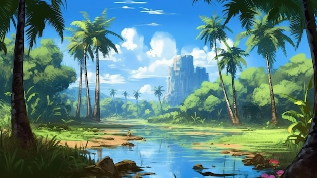 a painting of a landscape with palm trees and a river with a castle in the background