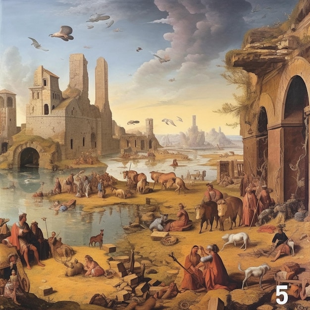 A painting of a landscape with people and a building with the number 5 on it.