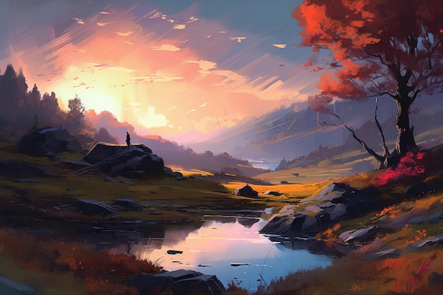 丘の上に立つ人物と前景の湖を描いた風景画。