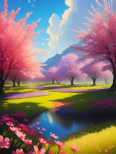 A painting of a landscape with pink trees and a mountain in the background.