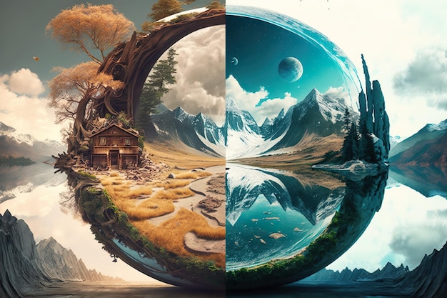 A painting of a landscape with a planet in the middle