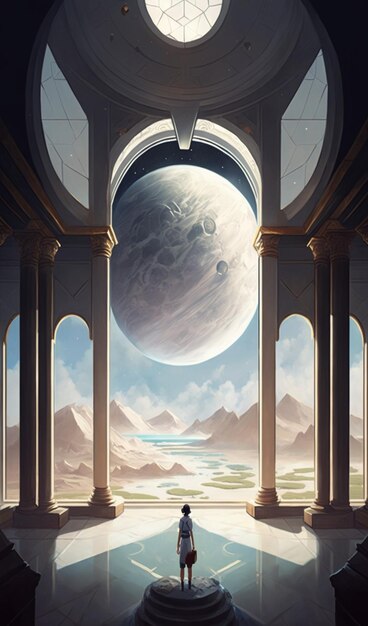 A painting of a landscape with a planet in the middle.