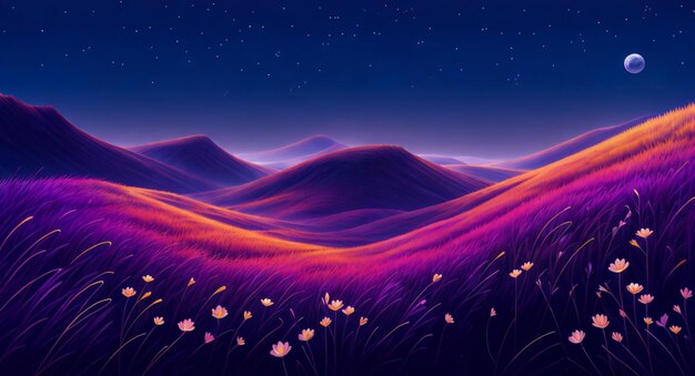 A painting of a landscape with purple flowers and a purple sky