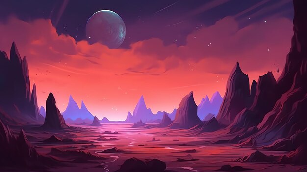 Photo a painting of a landscape with a purple moon and a pink sky.