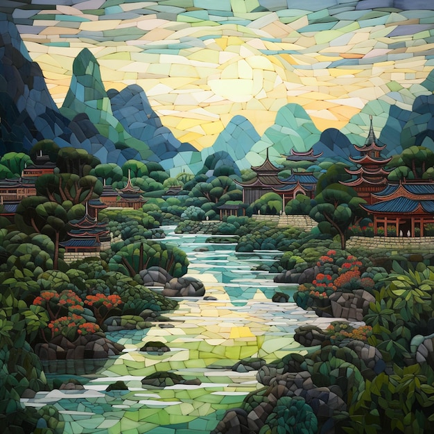 painting of a landscape with a river and mountains in the background generative ai