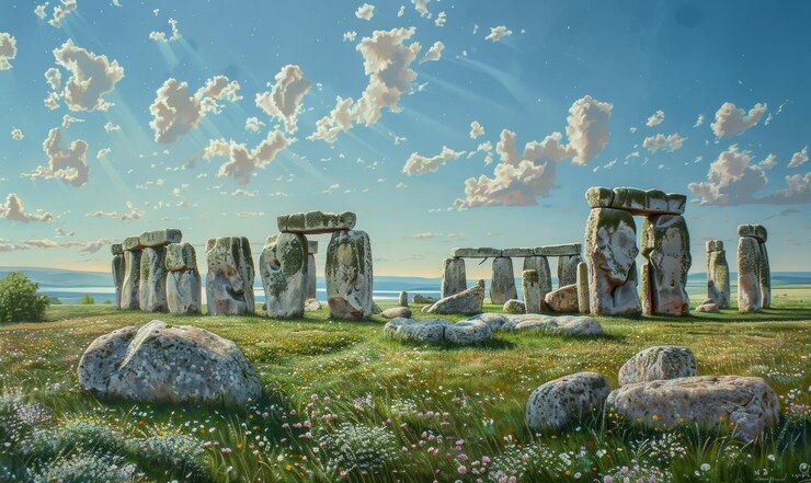 Photo a painting of a landscape with rocks and the sun shining through the clouds