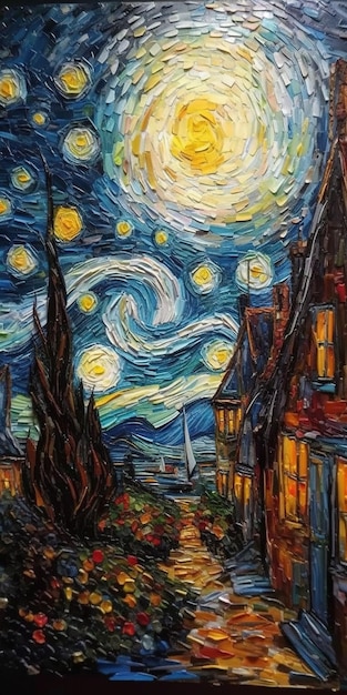 A painting of a landscape with starry night van gogh style