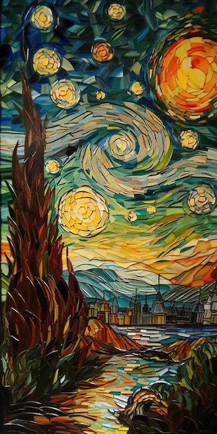 A painting of a landscape with starry night van gogh style
