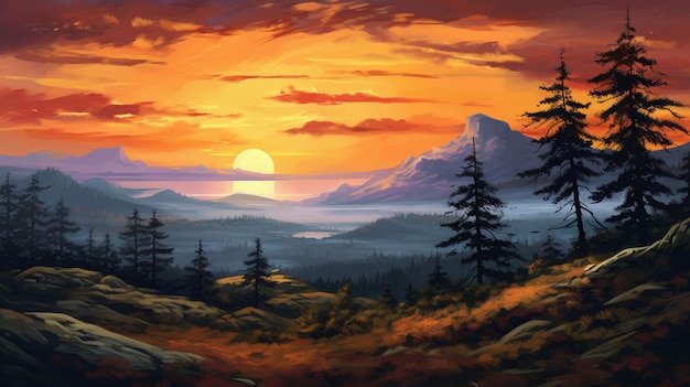 A painting of a landscape with a sunset in the background.