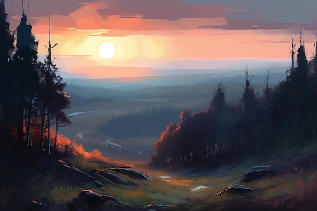Картина пейзажа на фоне заката.