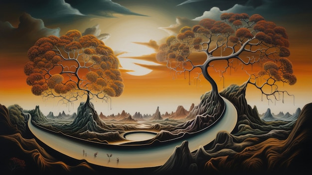 a painting of a landscape with a tree and a bridge.