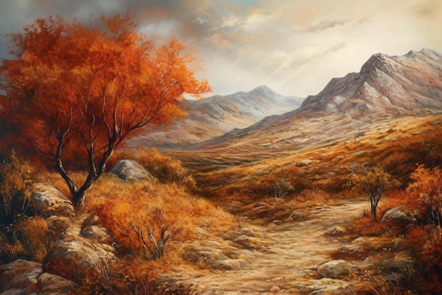 A painting of a landscape with a tree in the foreground and mountains in the background.