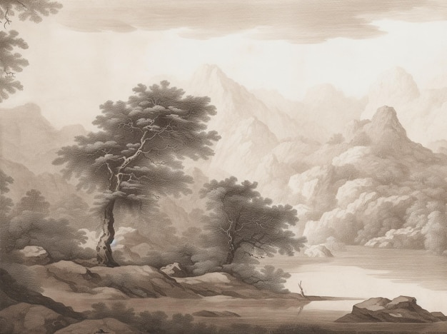 Foto un dipinto di un paesaggio con un albero e montagne sullo sfondo.