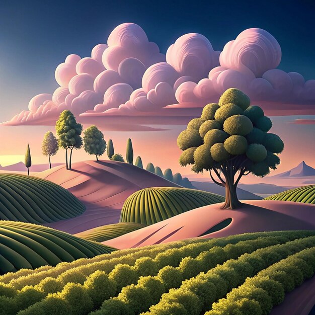 a painting of a landscape with a tree and a road