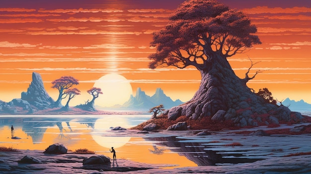 A painting of a landscape with a tree and a sunset.