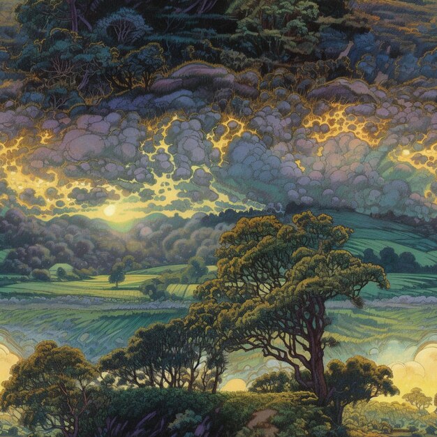 Photo painting of a landscape with trees and clouds in the sky generative ai