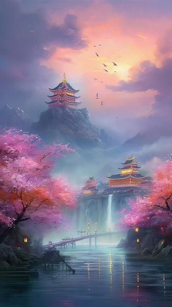 A painting of a landscape with a waterfall and a bridge with a pink sky and a cloudy sky.