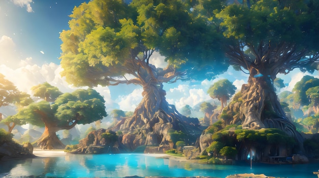 Foto pittura paesaggi alberi foresta fantasia concept art