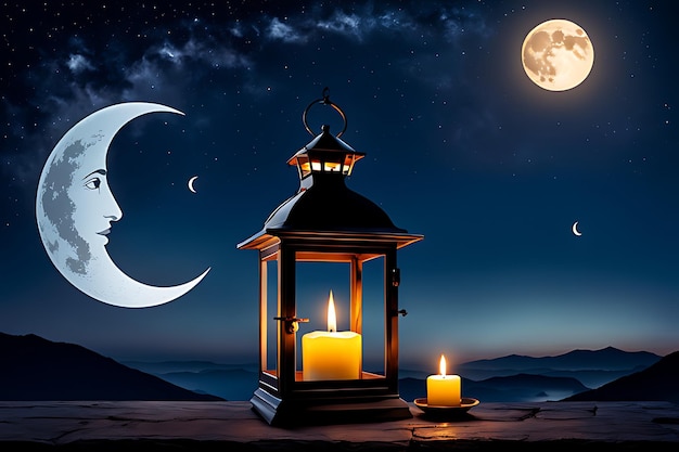 a painting of a lantern and candles in the night with a moon in the background