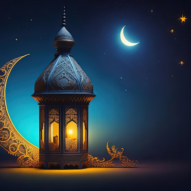 A painting of a lantern and a crescent moon