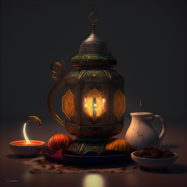 A painting of a lantern and a cup of tea with a candle on it.