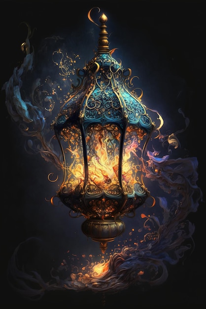 A painting of a lantern with a flame on it.