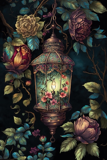 A painting of a lantern with flowers and leaves.