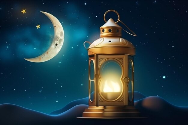 A painting of a lantern with the moon in the background