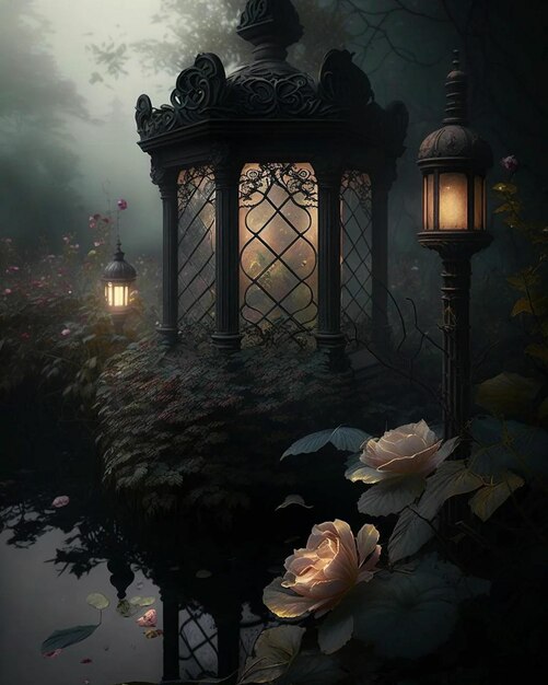 A painting of a lantern with roses on it.