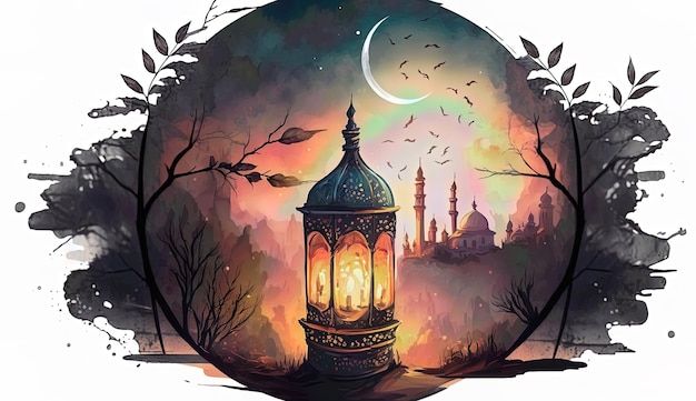 A painting of a lantern with the words ramadan on it.